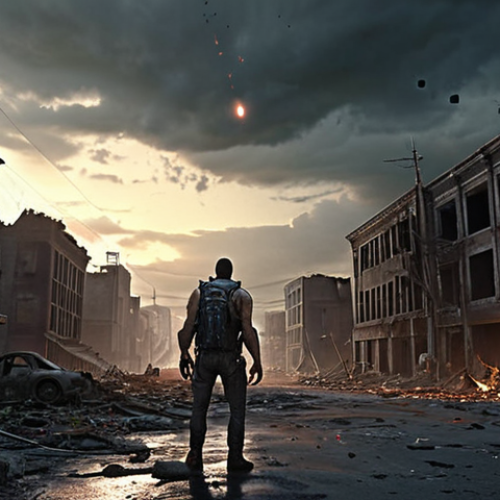 Home 4 **Prompt:** A lone, resourceful survivor, an ordinary person turned resilient hero, standing firm amidst the desolate ruins of a major city street at twilight. They are bravely fighting off an overwhelming wave of diverse, horrifying mutated zombies – some fast, some hulking – using an array of makeshift, high-tech weaponry: glowing energy projectiles, orbiting drones, and protective force fields. The sky above subtly hints at an extraterrestrial, ominous glow, reflecting the source of the catastrophe. The scene is chaotic, desperate, yet filled with a sense of unwavering determination and the thrill of survival against impossible odds. Post-apocalyptic, zombie horde, improvised tech, urban decay, dramatic lighting, detailed, epic.