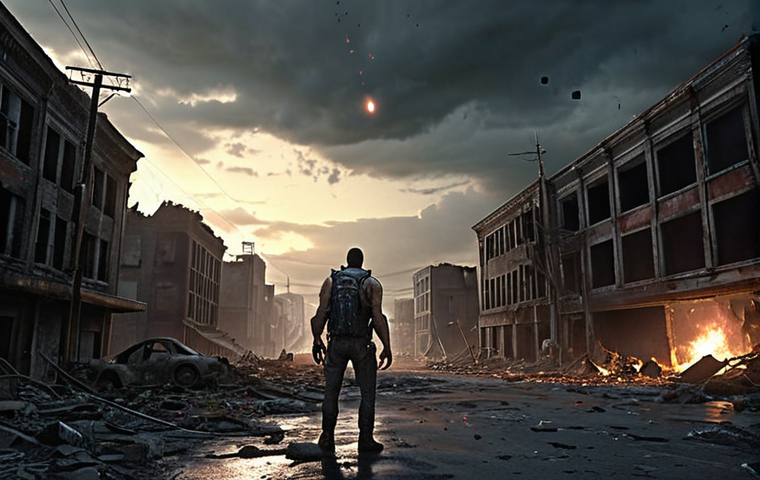 **Prompt:** A lone, resourceful survivor, an ordinary person turned resilient hero, standing firm amidst the desolate ruins of a major city street at twilight. They are bravely fighting off an overwhelming wave of diverse, horrifying mutated zombies – some fast, some hulking – using an array of makeshift, high-tech weaponry: glowing energy projectiles, orbiting drones, and protective force fields. The sky above subtly hints at an extraterrestrial, ominous glow, reflecting the source of the catastrophe. The scene is chaotic, desperate, yet filled with a sense of unwavering determination and the thrill of survival against impossible odds. Post-apocalyptic, zombie horde, improvised tech, urban decay, dramatic lighting, detailed, epic.