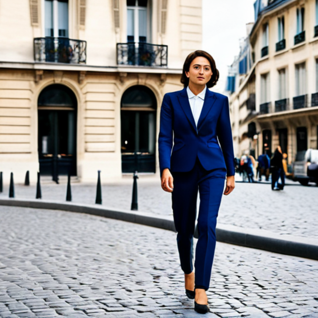 **

"A professional businesswoman in a modest, dark blue power suit, walking confidently through a bustling Parisian street, fully clothed, appropriate attire, safe for work, perfect anatomy, correct proportions, natural pose, professional photography, high quality. Background includes classic French architecture and stylish Parisians. Family-friendly."

**