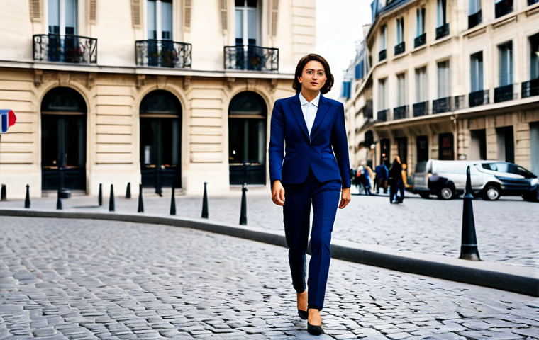 **

"A professional businesswoman in a modest, dark blue power suit, walking confidently through a bustling Parisian street, fully clothed, appropriate attire, safe for work, perfect anatomy, correct proportions, natural pose, professional photography, high quality. Background includes classic French architecture and stylish Parisians. Family-friendly."

**