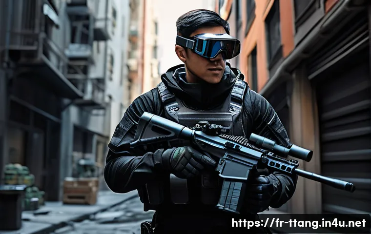 탕탕특공대 보조 장비의 중요성 - A tactical gamer wearing lightweight, sleek combat gear and functional under-armor clothing, equippe...
