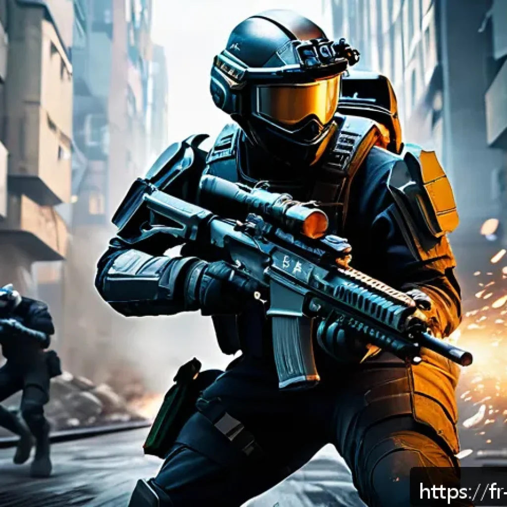 탕탕특공대 버프 스킬 조합법 - A dynamic battle scene in a futuristic urban environment showcasing a player character wearing tacti...