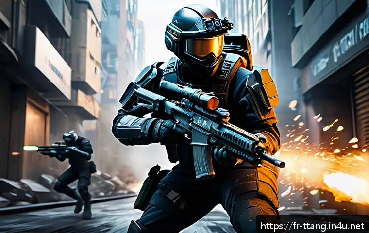 탕탕특공대 버프 스킬 조합법 - A dynamic battle scene in a futuristic urban environment showcasing a player character wearing tacti...