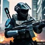 Home 23 탕탕특공대 장비 업그레이드 가이드 - A futuristic soldier in advanced combat armor holding a high-tech sniper rifle, standing on a battle...
