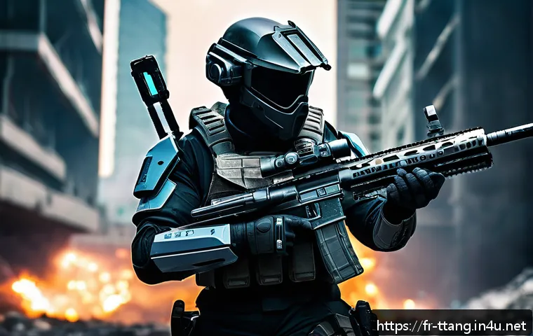 탕탕특공대 장비 업그레이드 가이드 - A futuristic soldier in advanced combat armor holding a high-tech sniper rifle, standing on a battle...