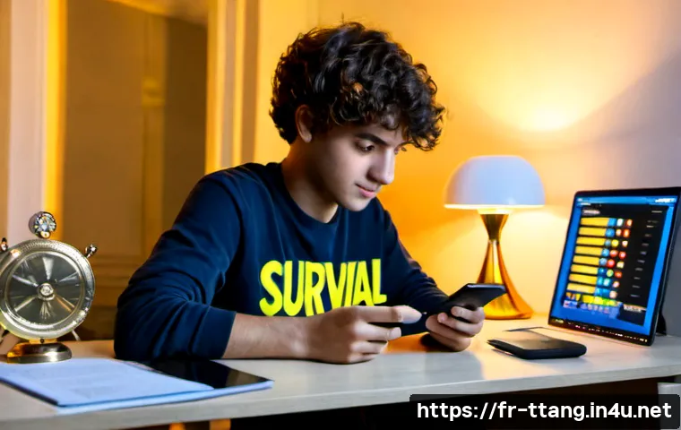 탕탕특공대 랭킹 시스템 가이드 - Photorealistic French young adult gamer at a tidy Paris apartment desk, holding a smartphone with a ...