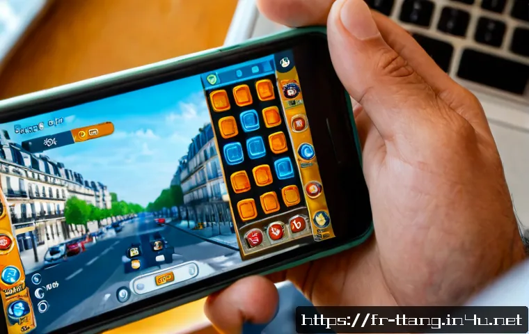 탕탕특공대 정기 업데이트 정보 - Photorealistic close-up of a smartphone showing a colorful generic top-down action survival game upd...