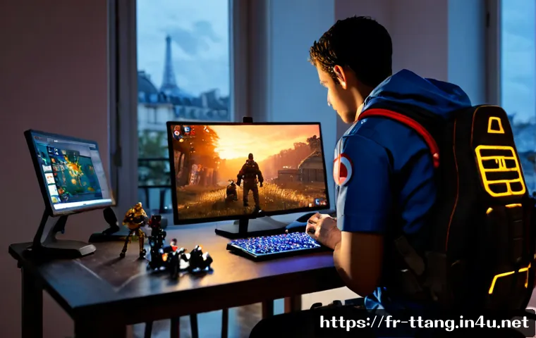 탕탕특공대 최강 유닛 조합 - Photorealistic gaming desk in a cozy Paris apartment at dusk, a French adult player viewed from behi...
